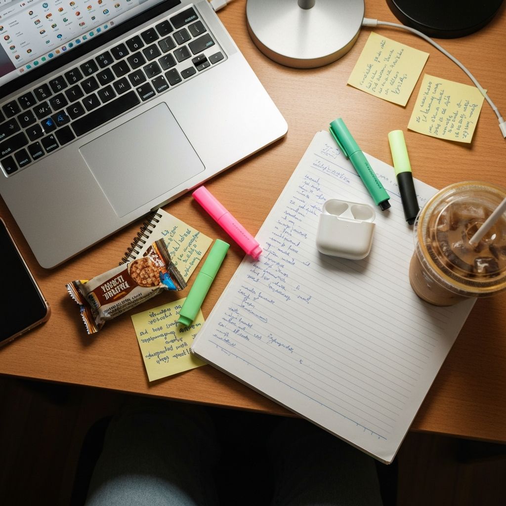 top-down shot of a messy dorm desk mid-study-session, iced coffee, laptop, scattered notes