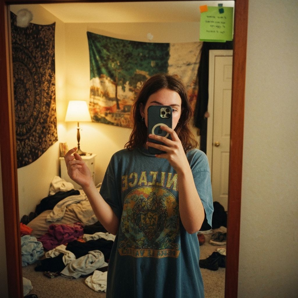 young woman taking a mirror selfie in her room
